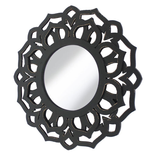 Wooden Mirror Blooming Lotus Wall Decor Set of 2 with Floral Engraving, Black