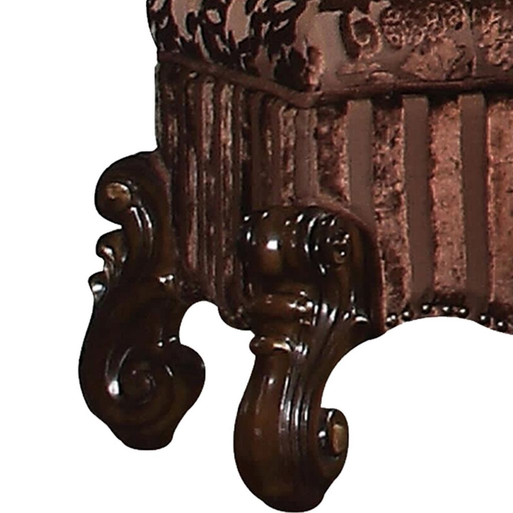Tufted Fabric Upholstered Wooden Vanity Stool with Scrolled Legs, Cherry Oak brown - View 4