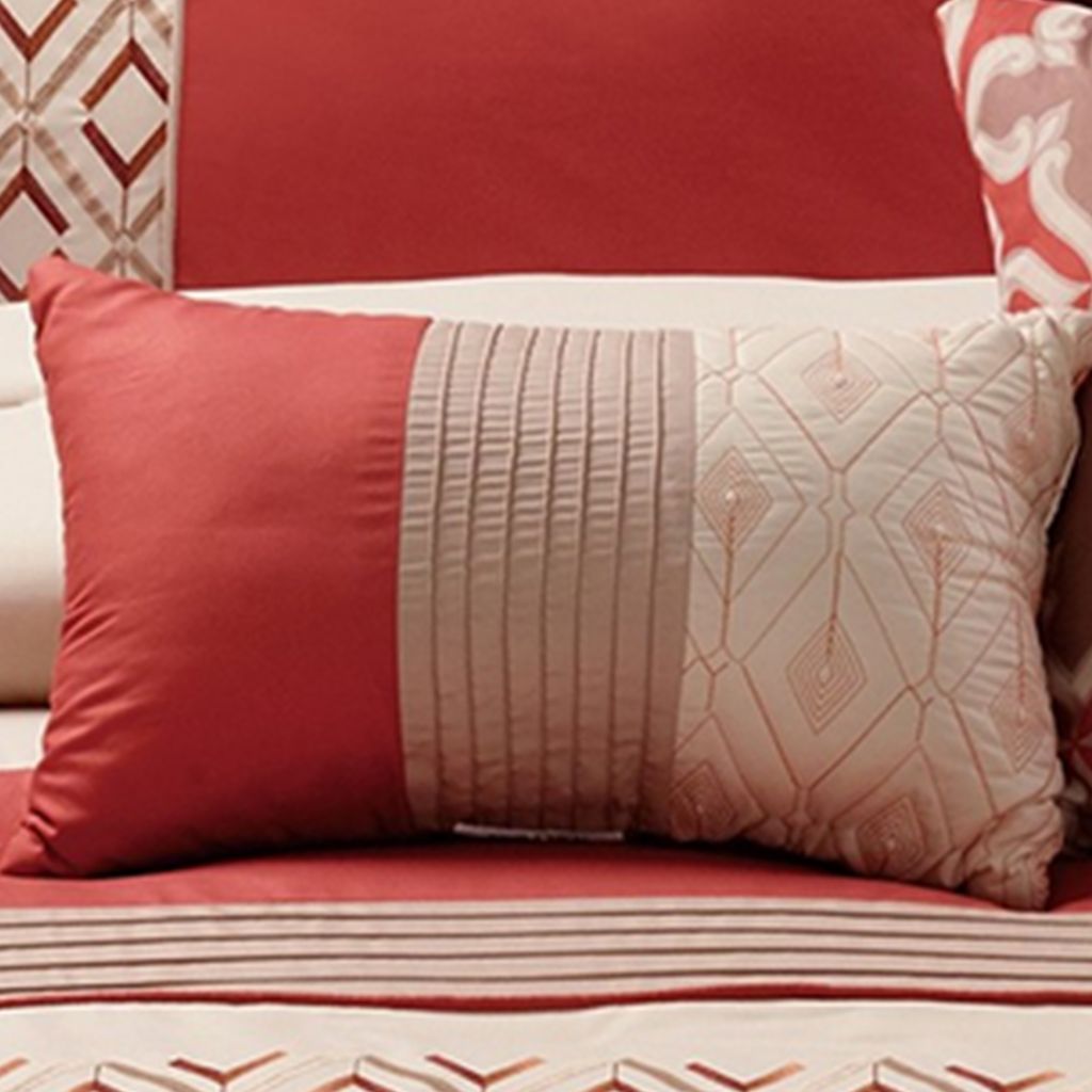 8 Piece King Polyester Comforter Set with Geometric Embroidery, Orange - View 4