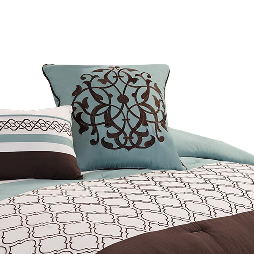 Quatrefoil King Size 8 Piece Fabric Comforter Set , Brown and Blue - View 2