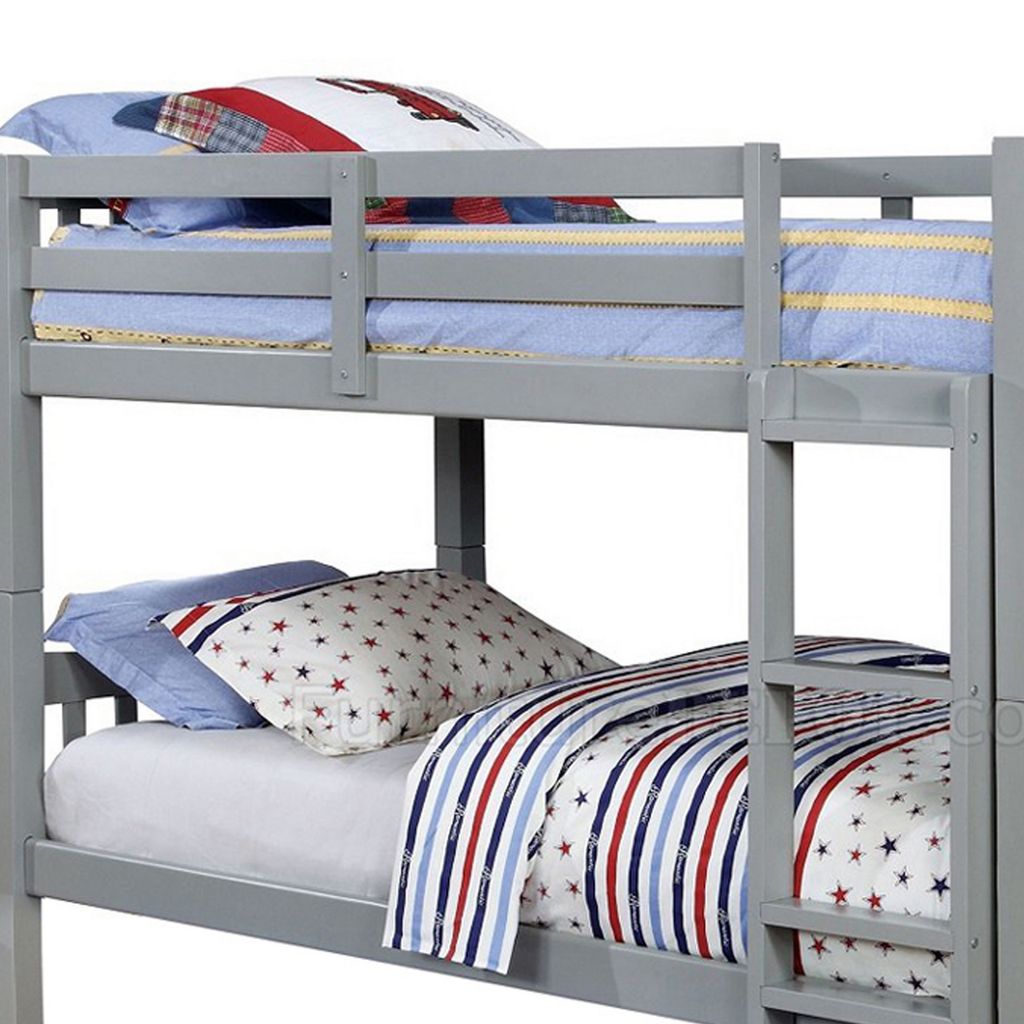 Slatted Twin Over Twin Bunk Bed with Attached Ladder, Gray - View 4