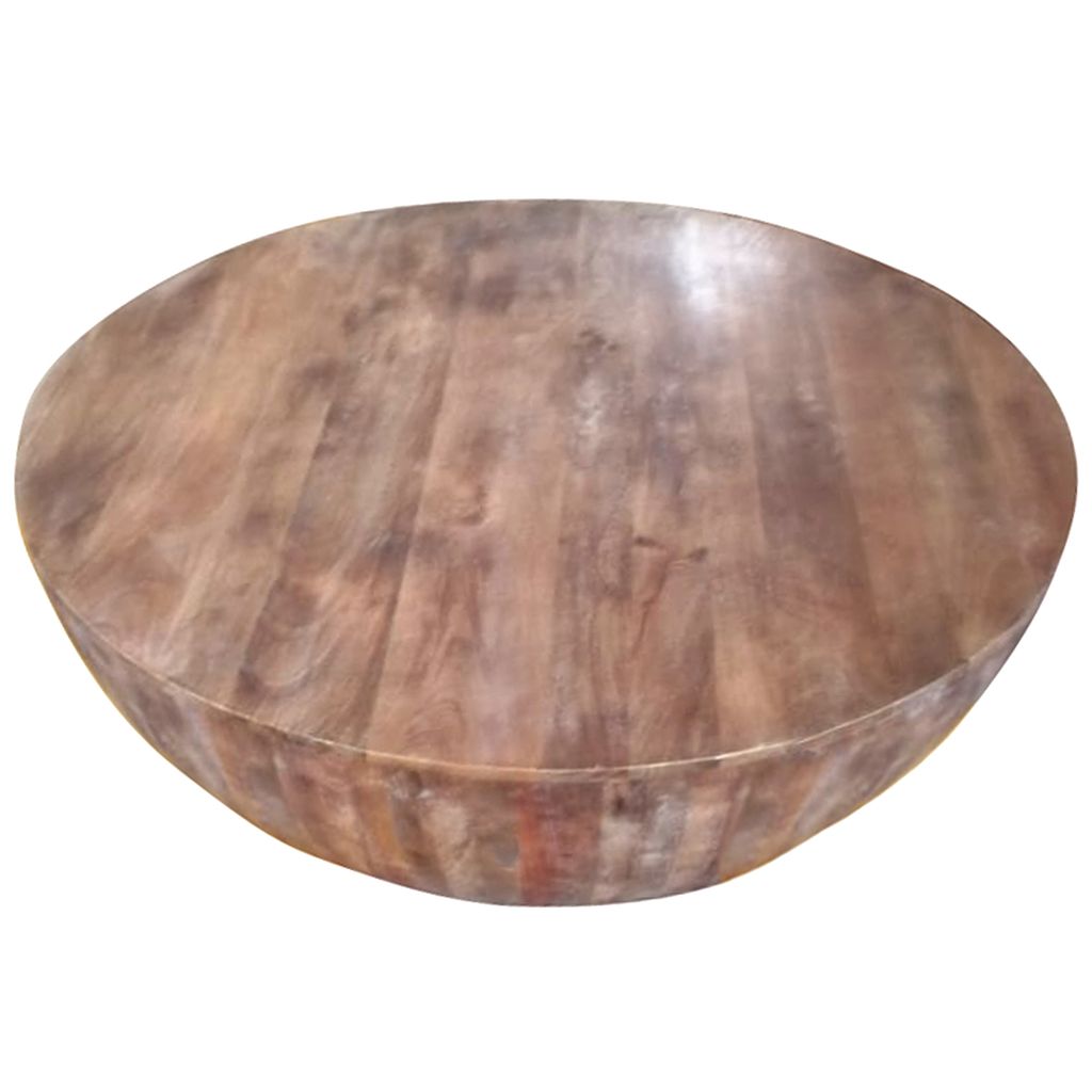 Arthur Handcarved 48 Inch Drum Shape Round Top Mango Wood Distressed Wooden Coffee Table, Brown - View 2