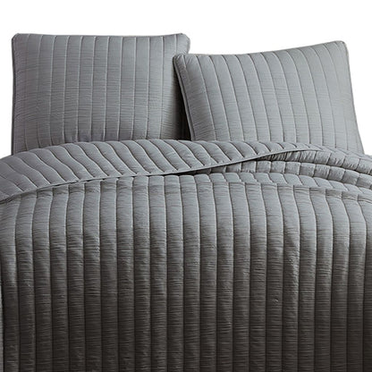 3 Piece Crinkles King Size Coverlet Set with Vertical Stitching, Gray - View 4