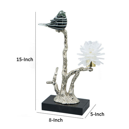 Sue 15 Inch Accent Decor Figurine, Bird on a Branch, Flower, Black, Silver - View 6