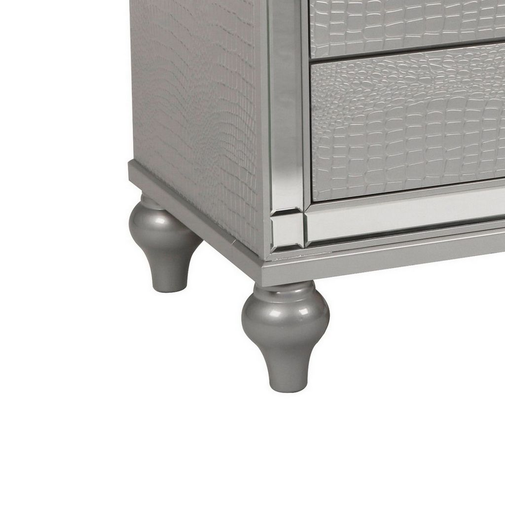 3 Drawer Wooden Nightstand with Mirror Accents and Faux Crystal Pulls, Gray - View 4