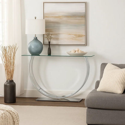 Contemporary U Shape Glass Tabletop Sofa Table, Silver - View 7