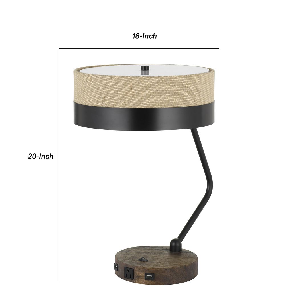 Metal Lined Fabric Shade Desk Lamp with Wooden Base, Beige and Black - View 5
