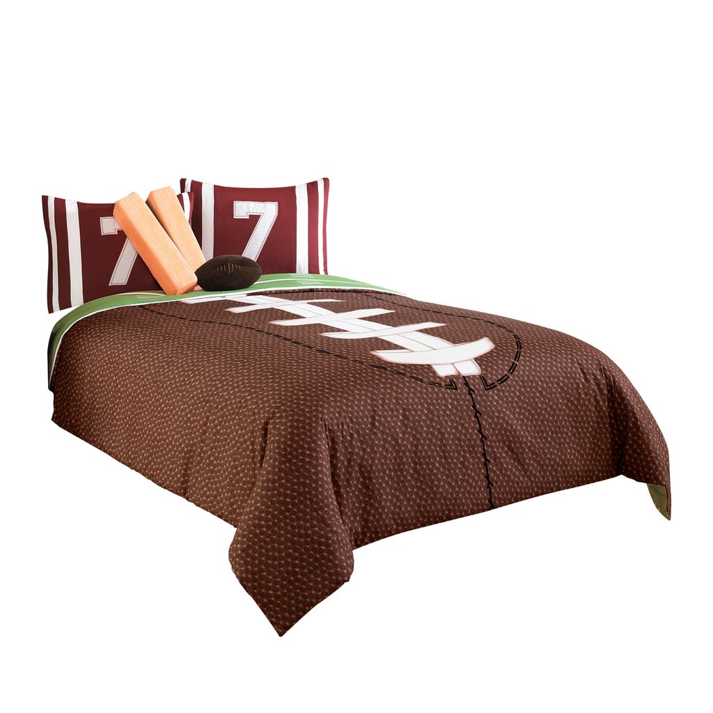 6 Piece Full Comforter Set with Football Field Print, Brown and Green
