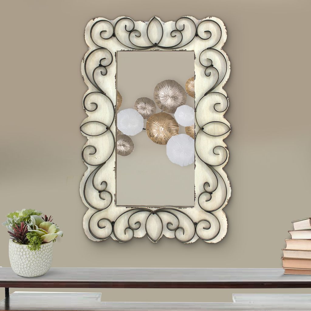 Rectangular Wall Mirror Set of 2 with Wooden Frame and Metal Scrolled edges, White - View 6
