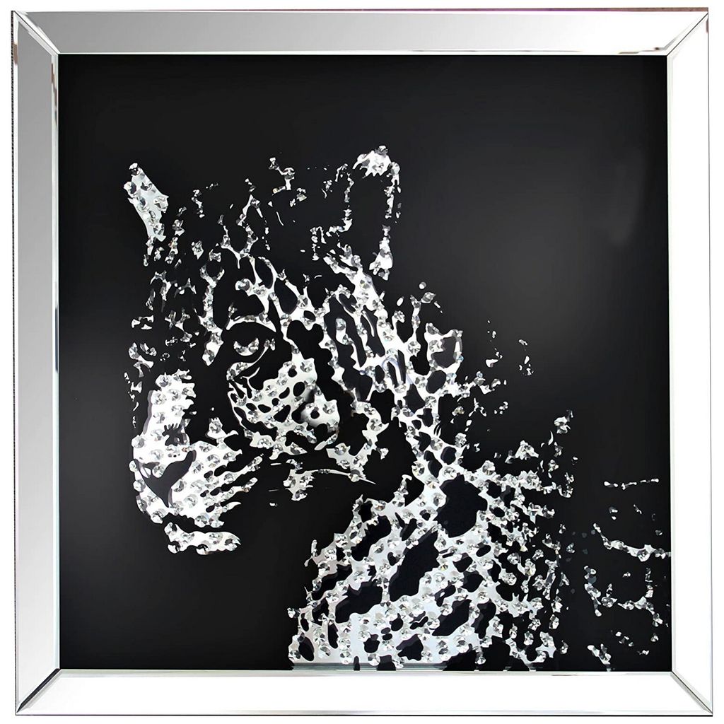 Square Shape Mirror framed Leopard Wall Decor With Crystal Inlays, Black & Silver