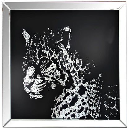 Square Shape Mirror framed Leopard Wall Decor With Crystal Inlays, Black & Silver