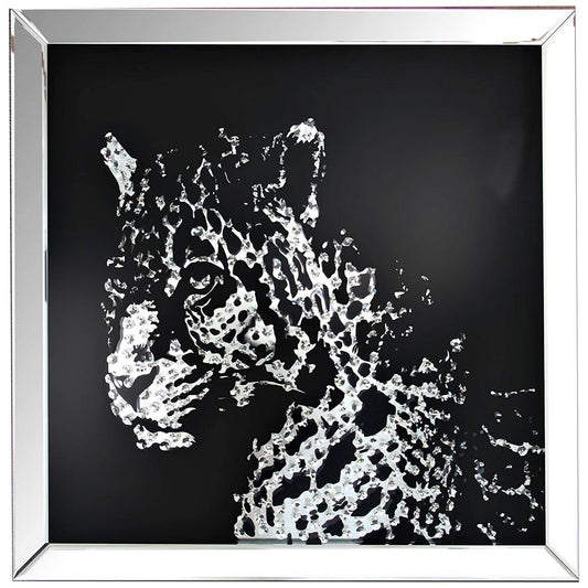 Square Shape Mirror framed Leopard Wall Decor With Crystal Inlays, Black & Silver