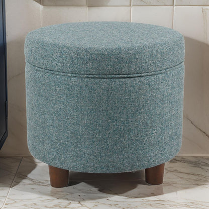 Fabric Upholstered Round Wooden Ottoman with Lift Off Lid Storage, Teal Blue - View 7