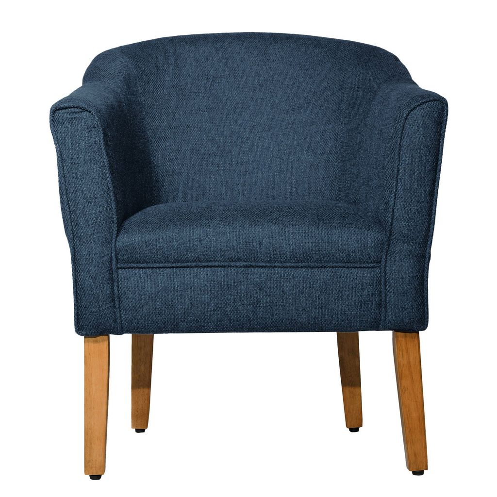 Fabric Upholstered Wooden Accent Chair with Curved Back, Blue and Brown - View 3