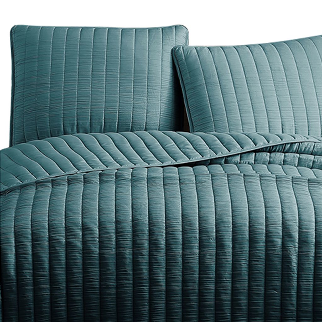 3 Piece Crinkle Queen Coverlet Set with Vertical Stitching, Turquoise Blue - View 3