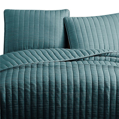 3 Piece Crinkle Queen Coverlet Set with Vertical Stitching, Turquoise Blue - View 3