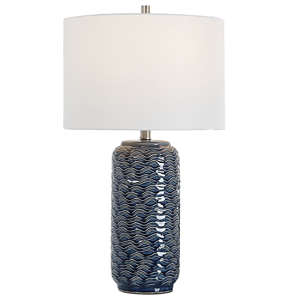 27 Inch Ceramic Table Lamp, Wavy Texture, Blue, Silver, White - View 2