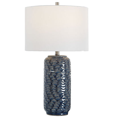 27 Inch Ceramic Table Lamp, Wavy Texture, Blue, Silver, White - View 2