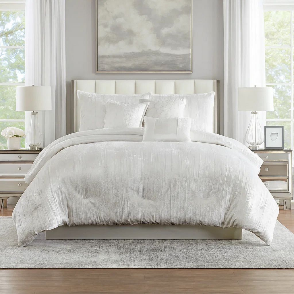 Jay 7 Piece Queen Comforter Set, White Polyester Velvet Deluxe Texture - View 7