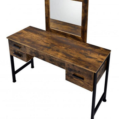 Vanity Desk with 4 Drawers and Square Mirror, Brown and Black - View 4