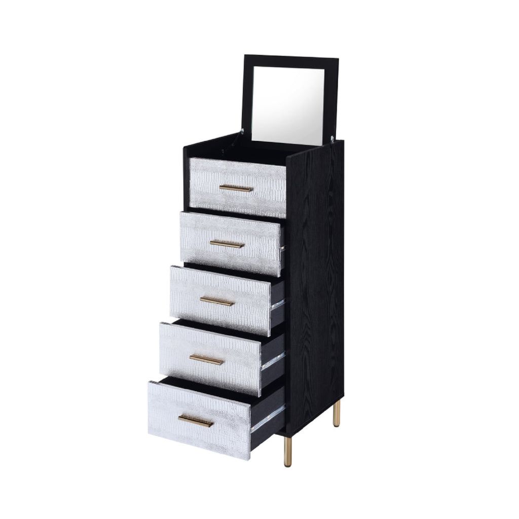 San 45 Inch 5 Drawer Jewelry Storage Chest, Gold Legs, Black and Silver - View 4