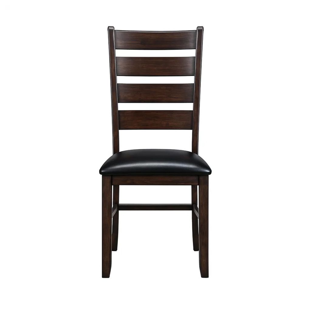 Ladder Back Wooden Side Chair with Leatherette seat, Set of 2, Black and Brown - View 3