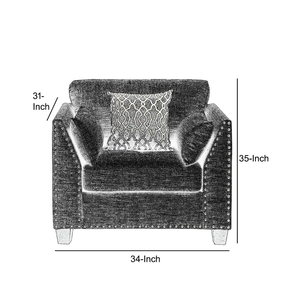 34 Inch Wide Nailhead Fabric Upholstered Accent Chair, Gray - View 6