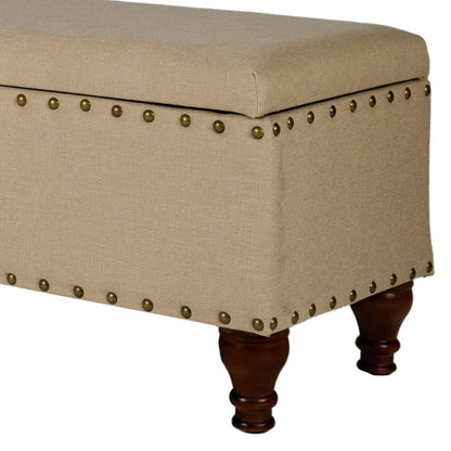 Fabric Upholstered Wooden Storage Bench With Nail head Trim, Large, Tan Brown - View 2