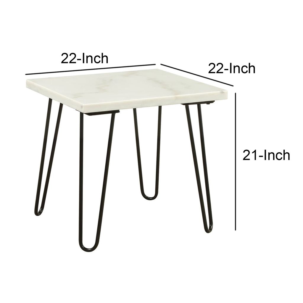 Marble Top End Table with Hairpin Style Metal Legs, White and Black - View 6