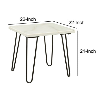 Marble Top End Table with Hairpin Style Metal Legs, White and Black - View 6