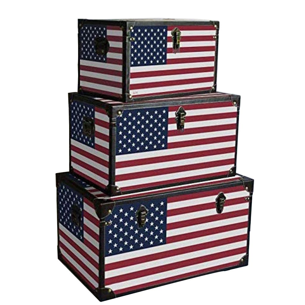 Wooden Trunks with US Flag Print and Metal Corner Accent, Set of 3, Multicolor