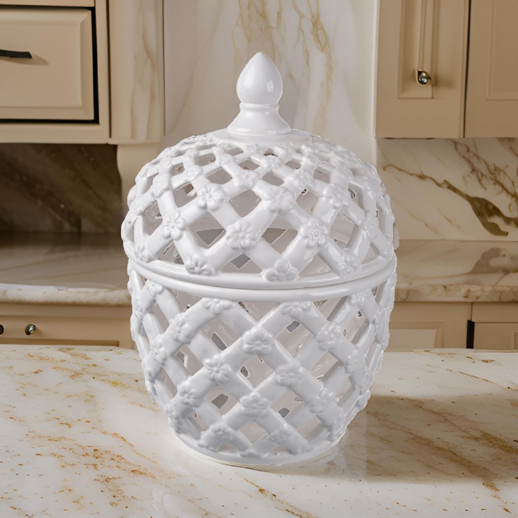 Decorative Ceramic Lidded Jar with Cut Out Texture, Large, White - View 7