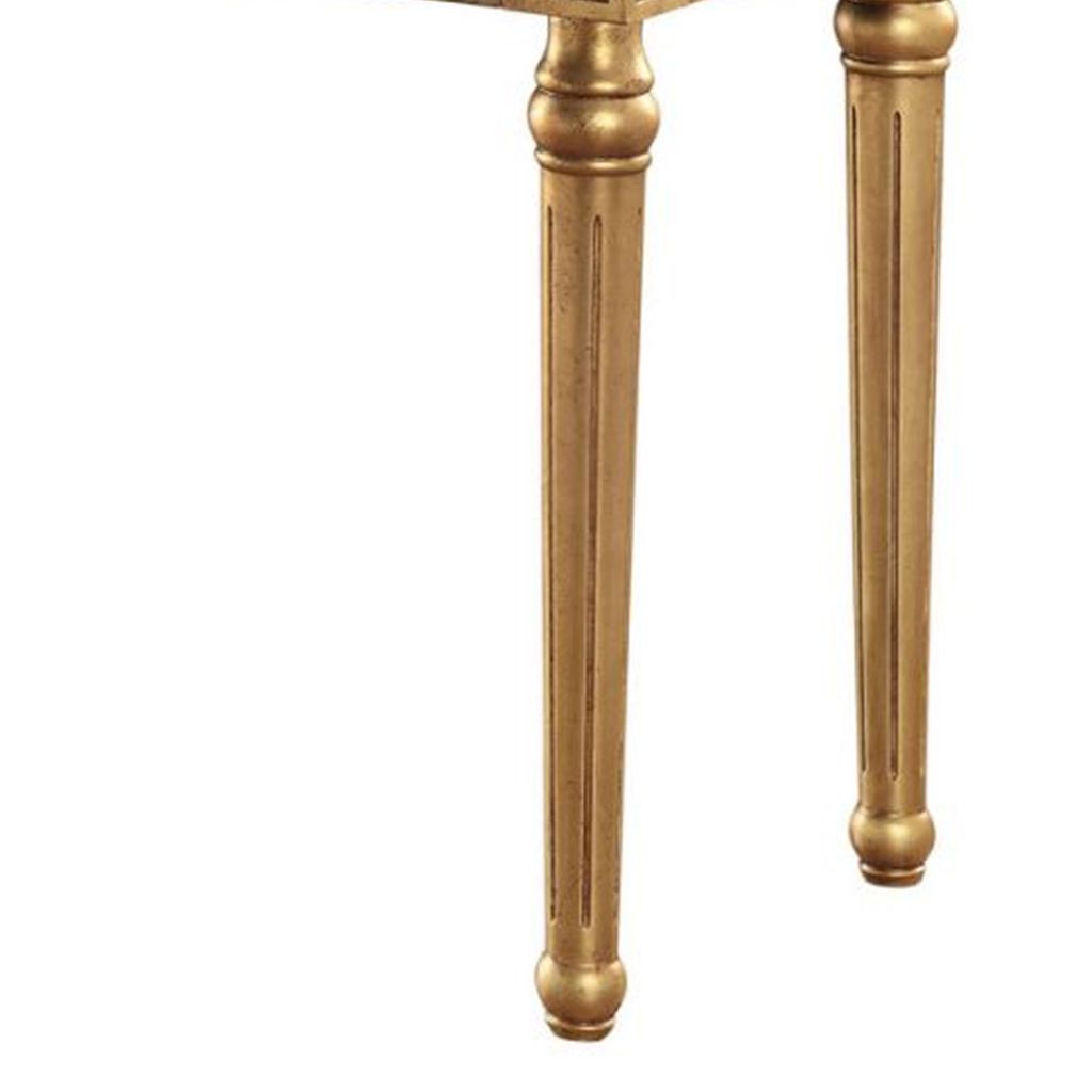 Marble Top Sofa Table With Fluted Detail Wooden Turned Legs, Gold - View 3