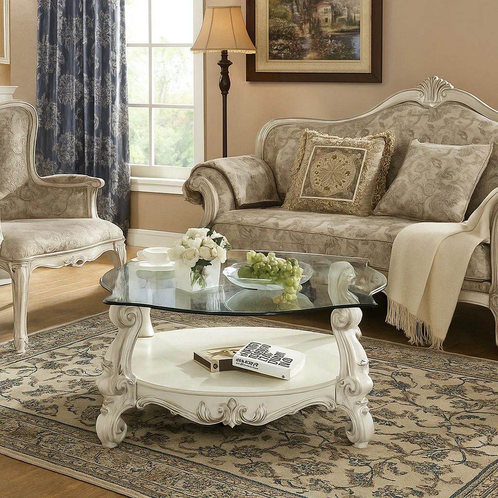 Curved Glass Top Coffee Table with Open Shelf, White - View 7