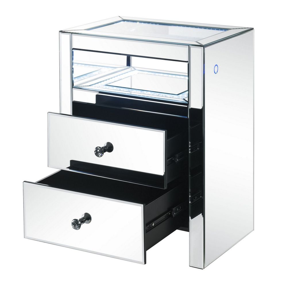 2 Drawer Beveled Mirrored Accent Table with Glass Top and LED, Silver - View 3