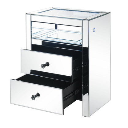 2 Drawer Beveled Mirrored Accent Table with Glass Top and LED, Silver - View 3