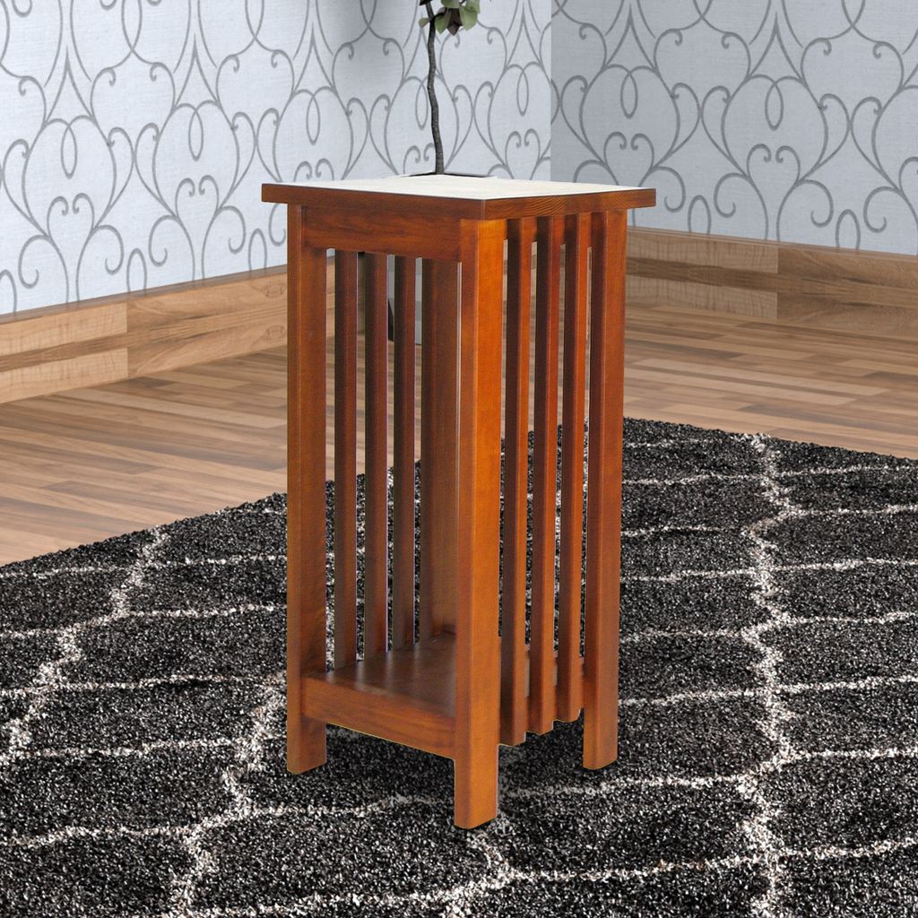 25 Inch Wooden Flower Stand with Slatted Sides and Bottom Shelf, Brown - View 6