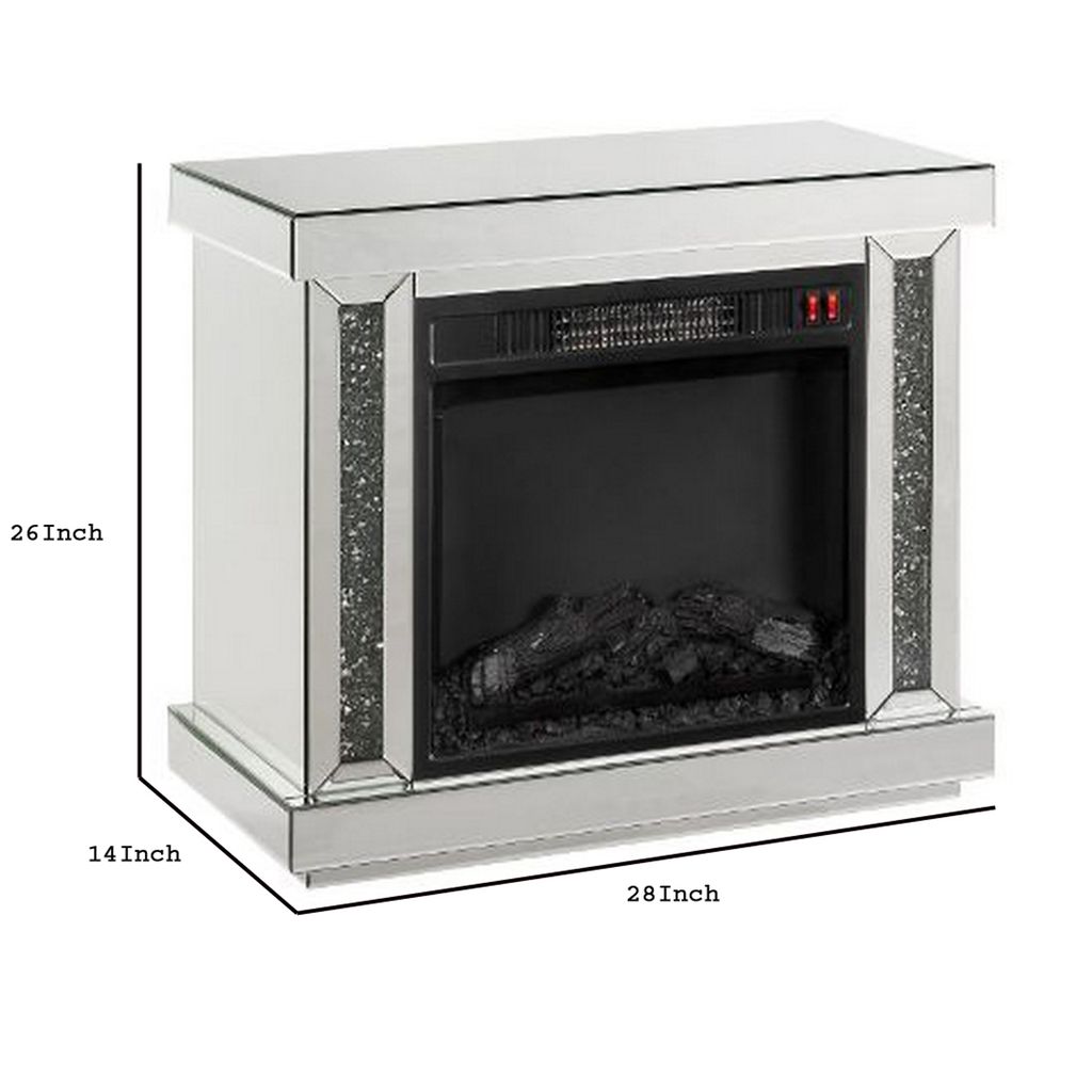 Electric Fireplace with Mirror Panel Framing and Faux Diamonds, Silver - View 6