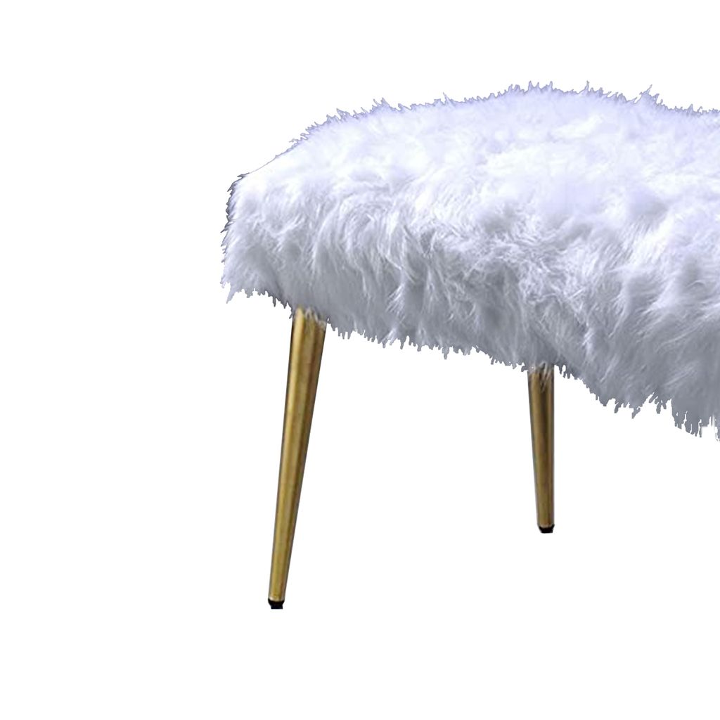Modern Style Faux Fur Upholstered Metal Bench with Tapered Legs, White and Gold - View 5