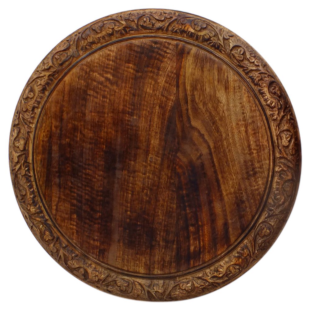 18 Inch Mango Wood Folding Accent Table, Hand Carved, Walnut Brown - View 4