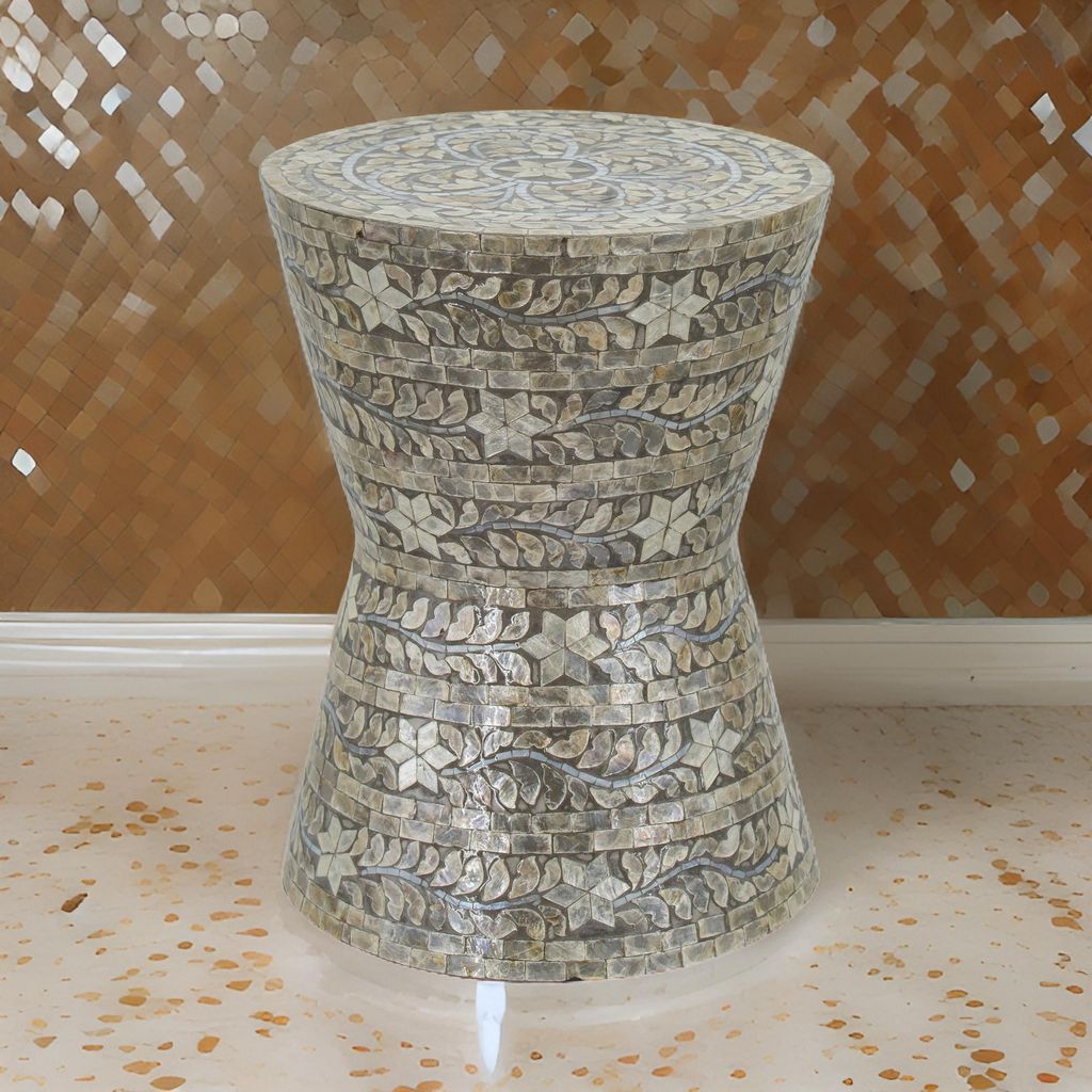 19 Inch Luxury Accent Table Stool, Star Foliage Pattern, Gray and Brown - View 7