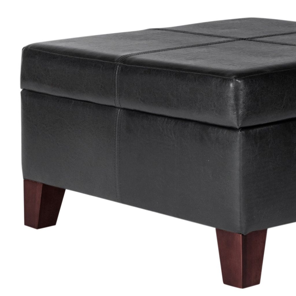 Leatherette Upholstered Wooden Ottoman With Hinged Storage, Black and Brown, Large - View 2