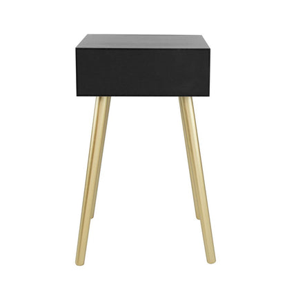 Gaia 28 Inch Pine Wood Side End Table, Gliding Rattan Drawer, Black, Gold - View 4