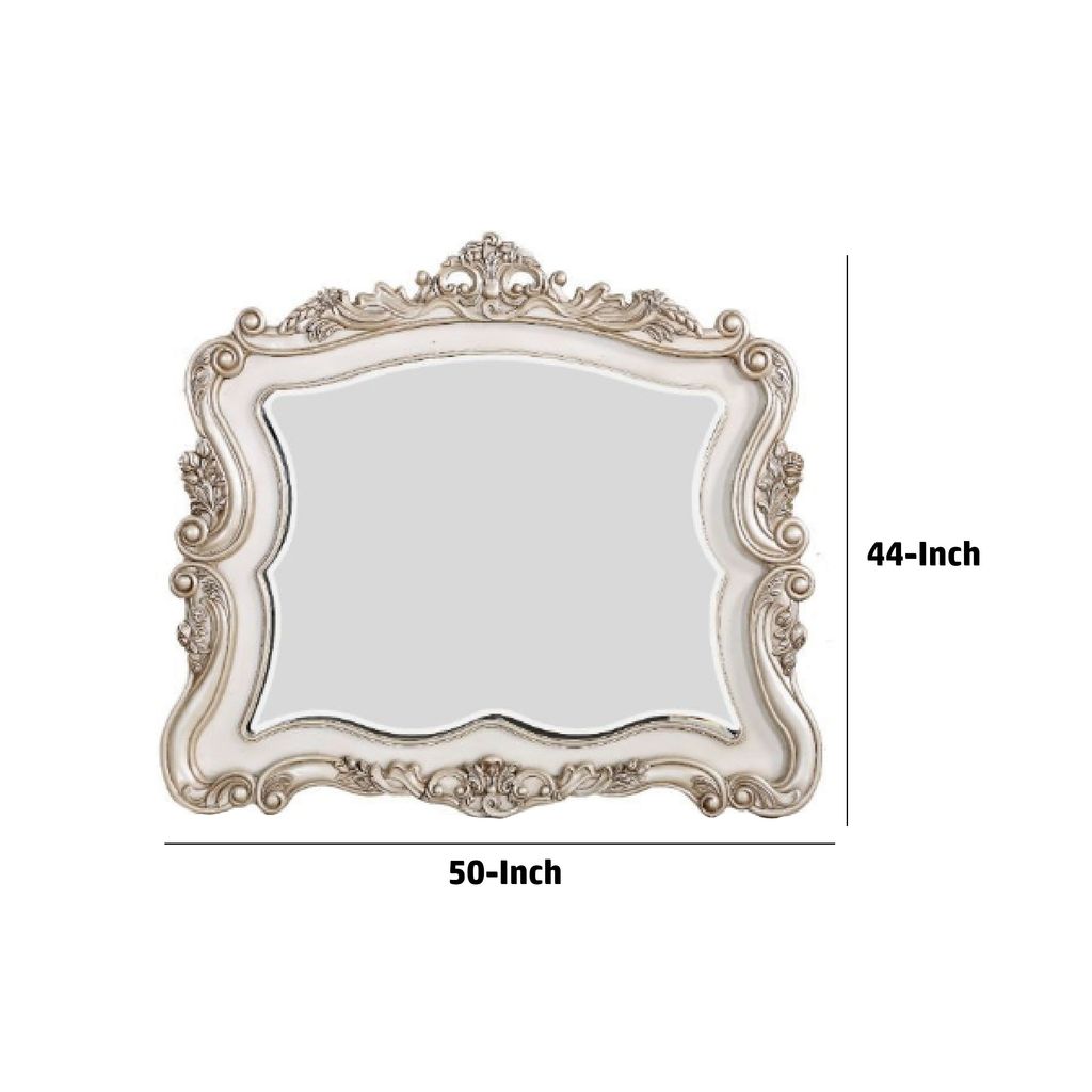 50 Inch Solid Wood Mirror, Scalloped, Scroll Ornate Trim, Antique White - View 6