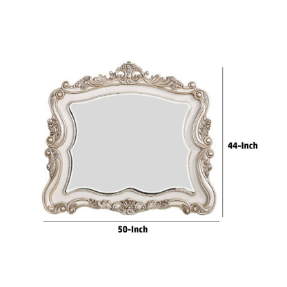 50 Inch Solid Wood Mirror, Scalloped, Scroll Ornate Trim, Antique White - View 6