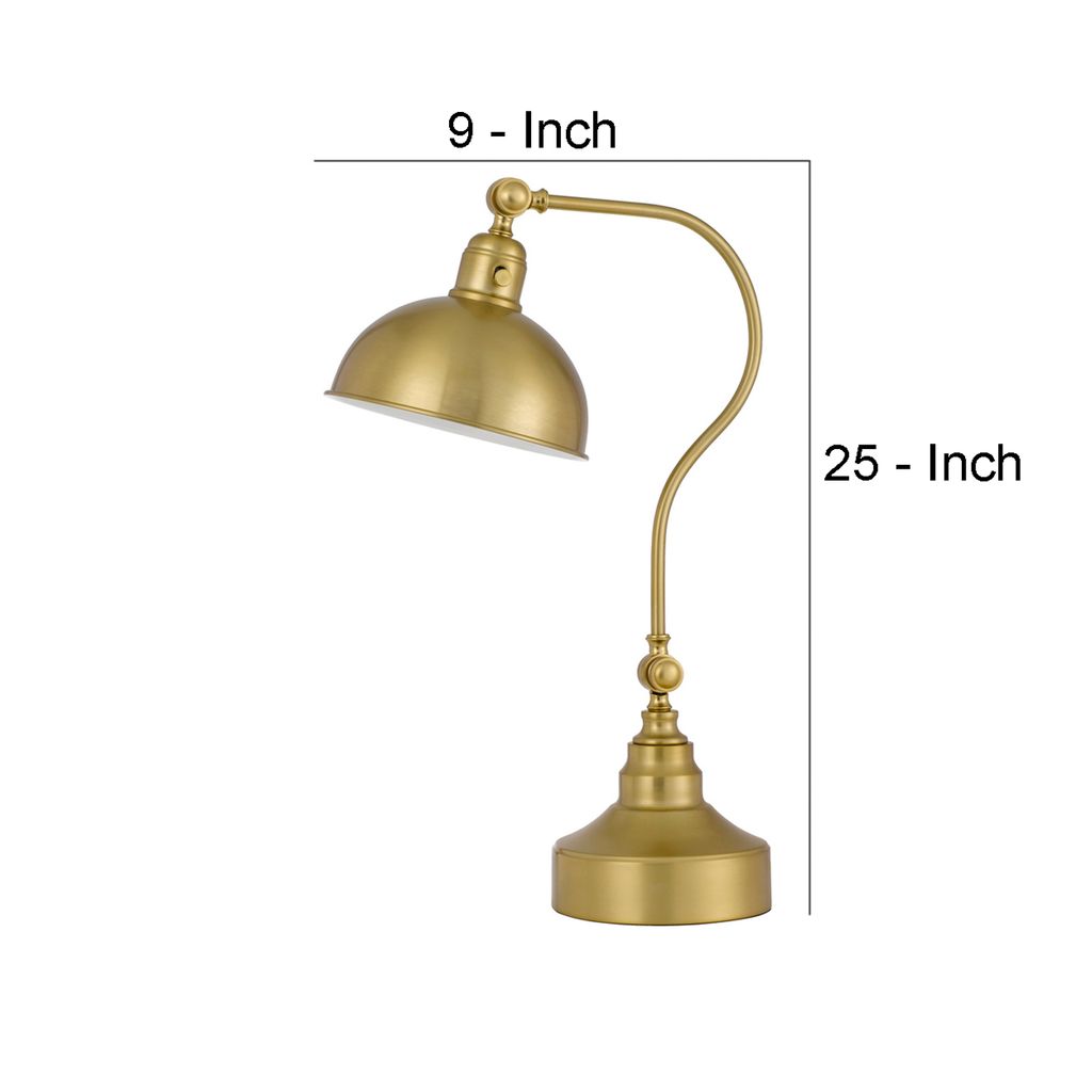 25 Inch Metal Curved Desk Lamp, Adjustable Dome Shade, Brass - View 6