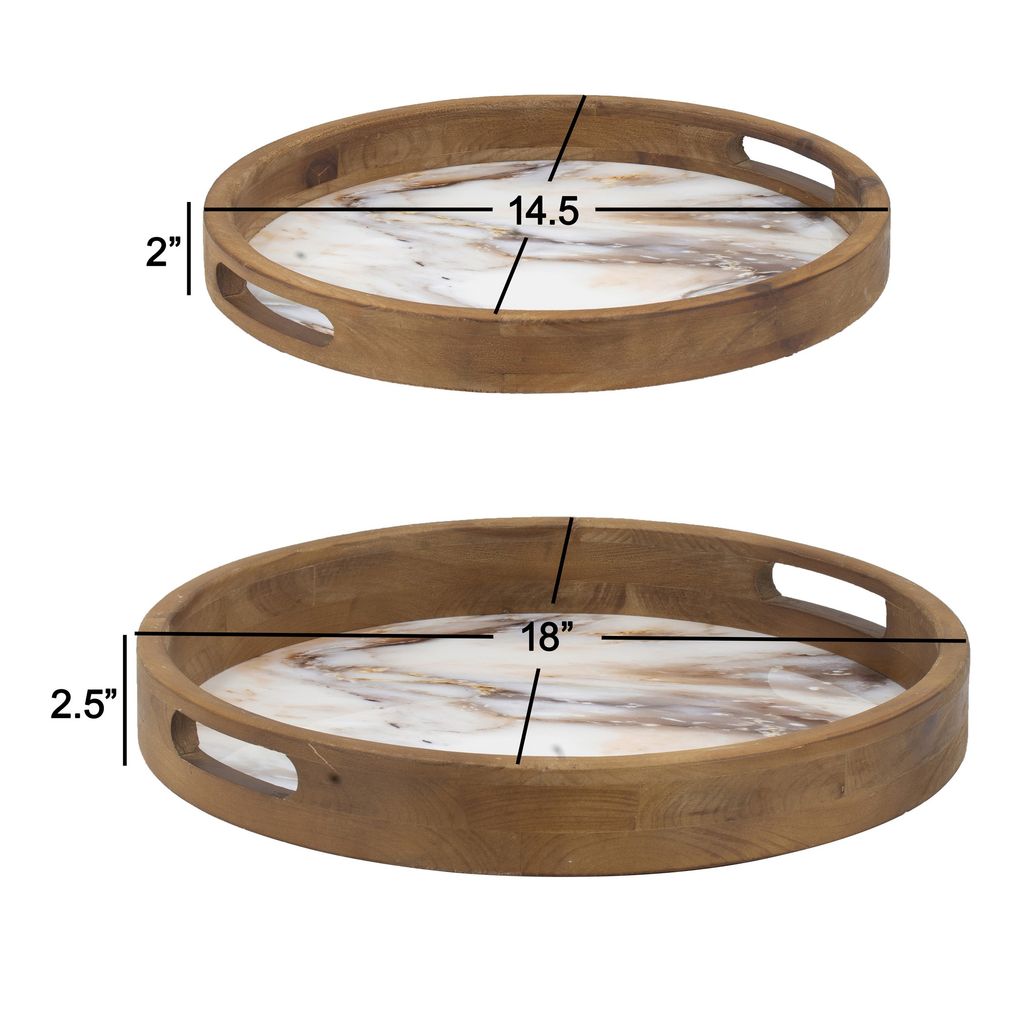 18, 15 Inch Round Decorative Tray, Marble Effect, Brown Fir Wood Frame - View 5