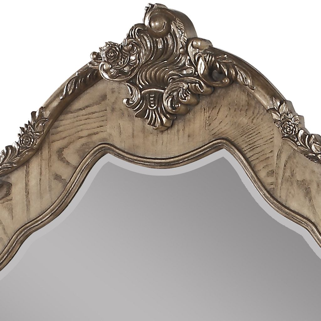 Wooden Mirror with Scrollwork Crown and Trim Details, Brown and Silver - View 4