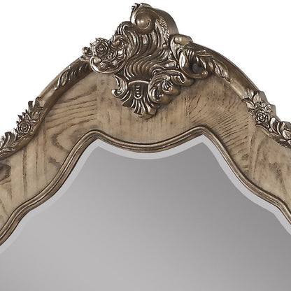 Wooden Mirror with Scrollwork Crown and Trim Details, Brown and Silver - View 4