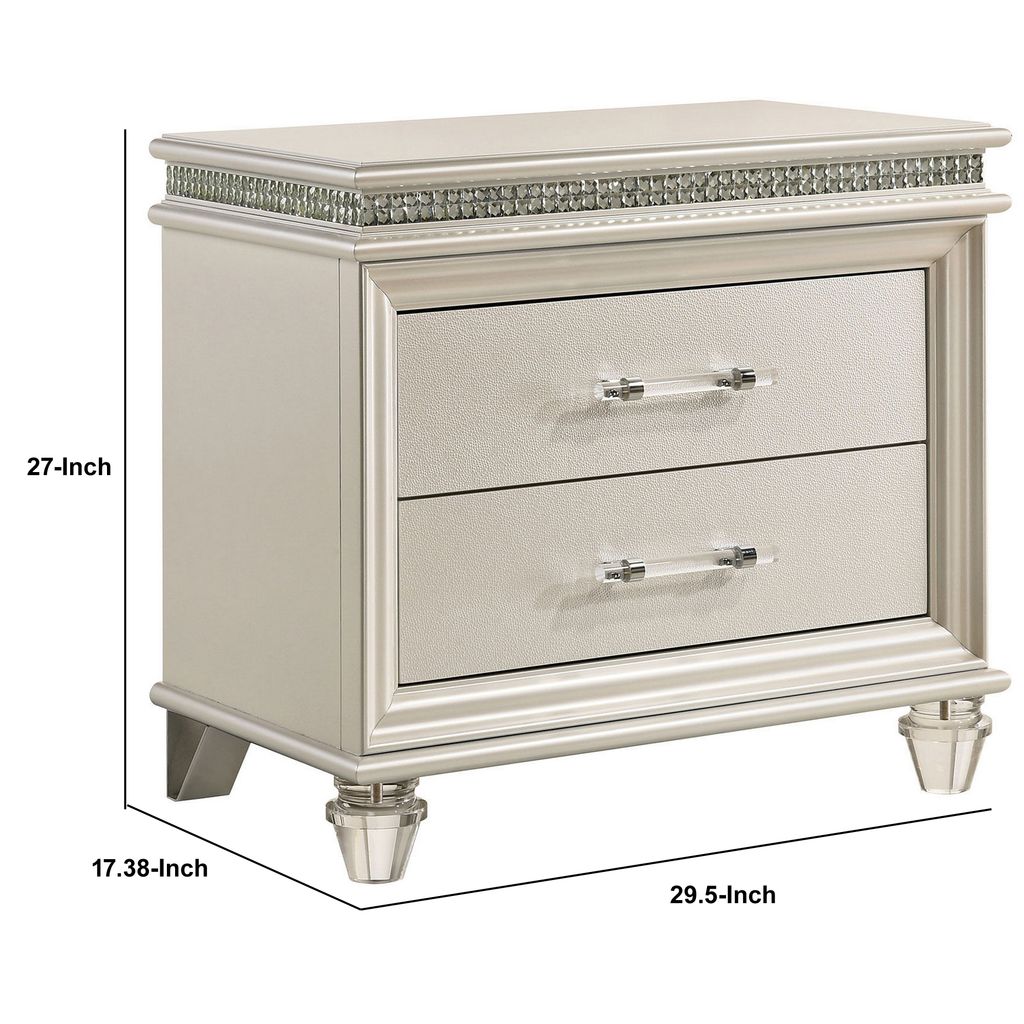 2 Drawer Nightstand with Acrylic Feet and Crystal Accents, Silver - View 5